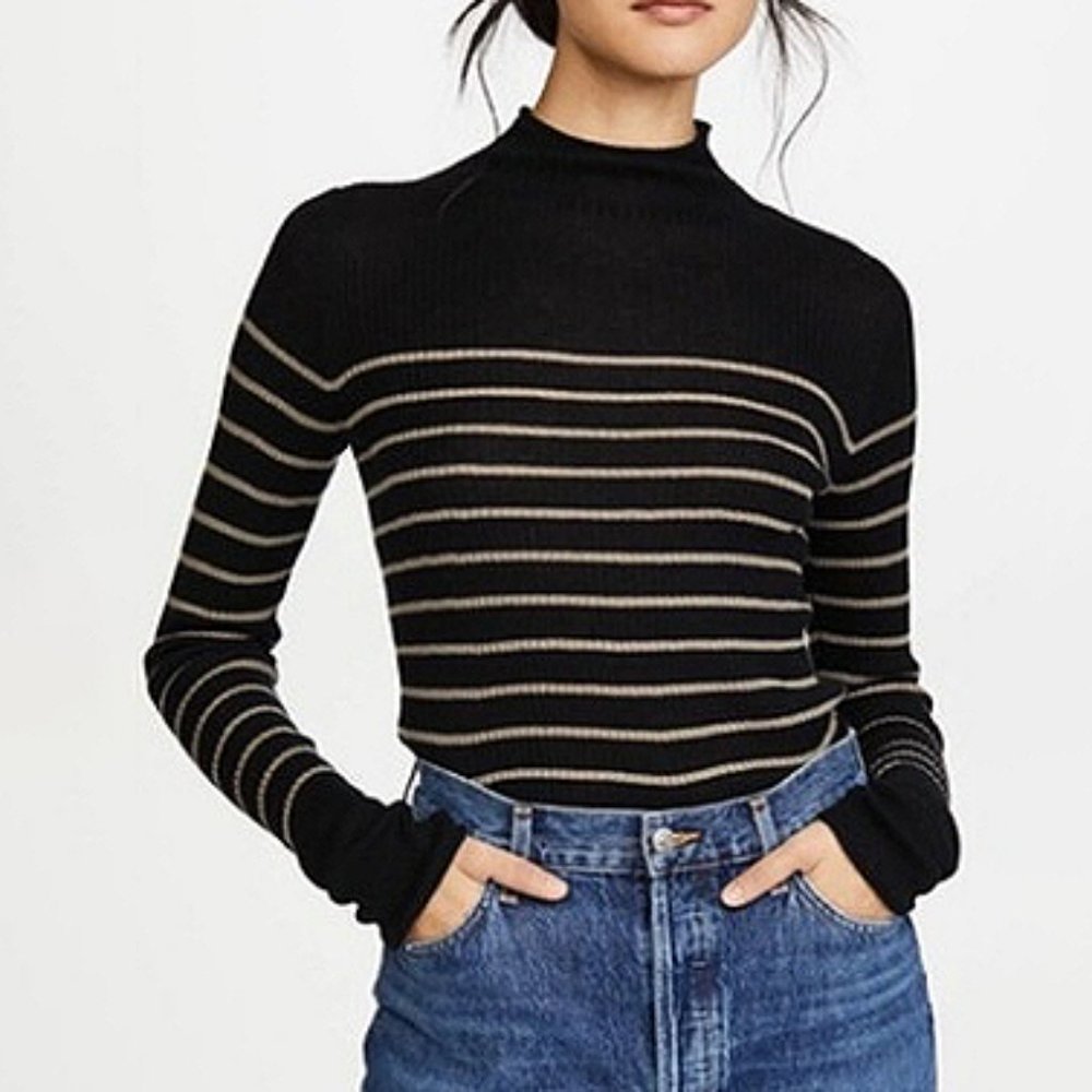 Vince cashmere black grey striped pullover turtleneck sweater mockneck XS